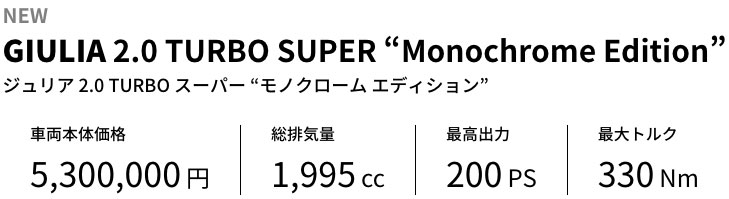 GIULIA 2.0 TURBO SUPER 'Monochrome Edition' 車両本体価格 5,300,000円